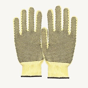 pair of yellow colour Cotton Knitted work Gloves with black dots